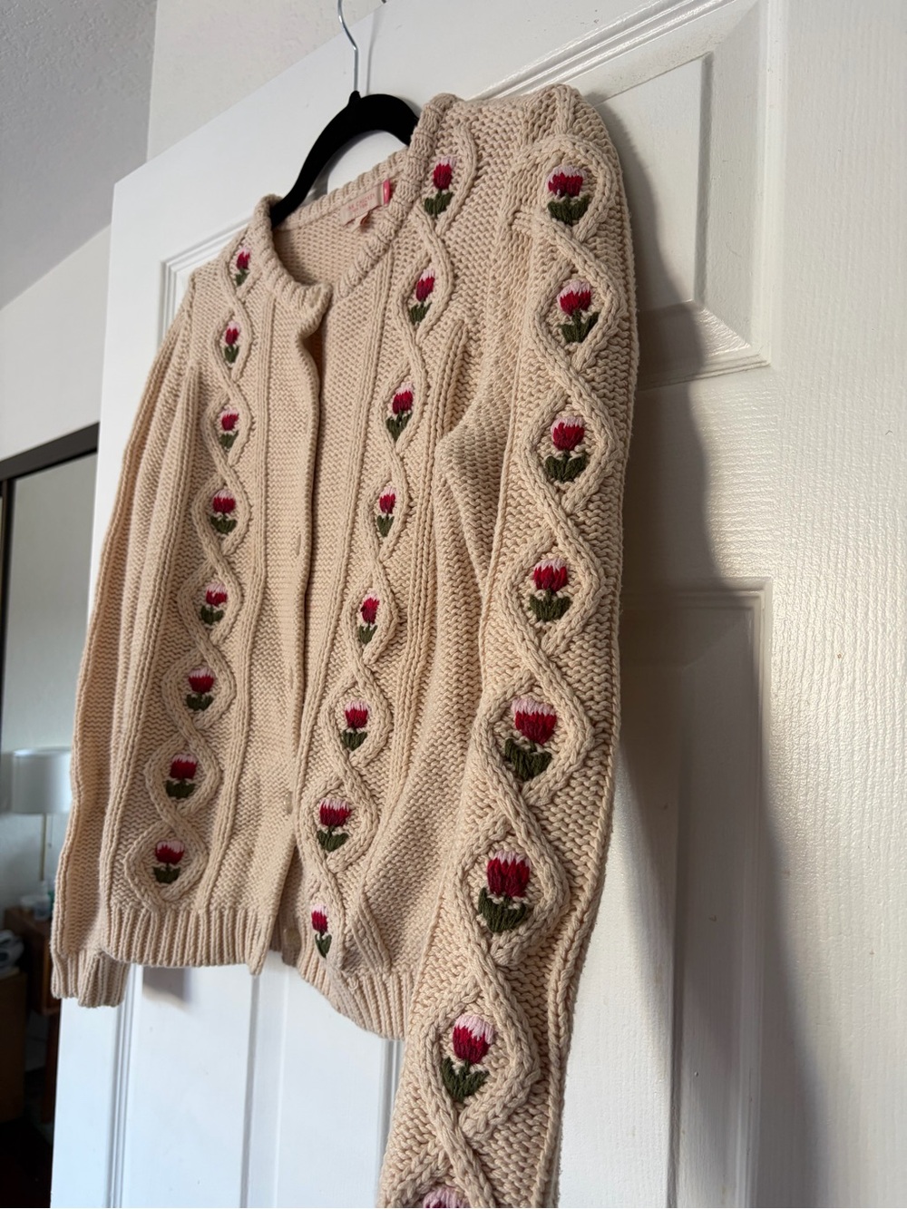 PINK CHICKEN Cream Floral Cable-Knit Cardigan Sweater - Picture 2 of 5
